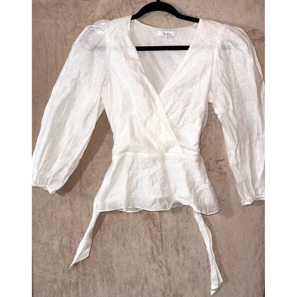 Parker White Linen Blend Puff Sleeve Wrap Blouse Top P0E6387SHC Size S